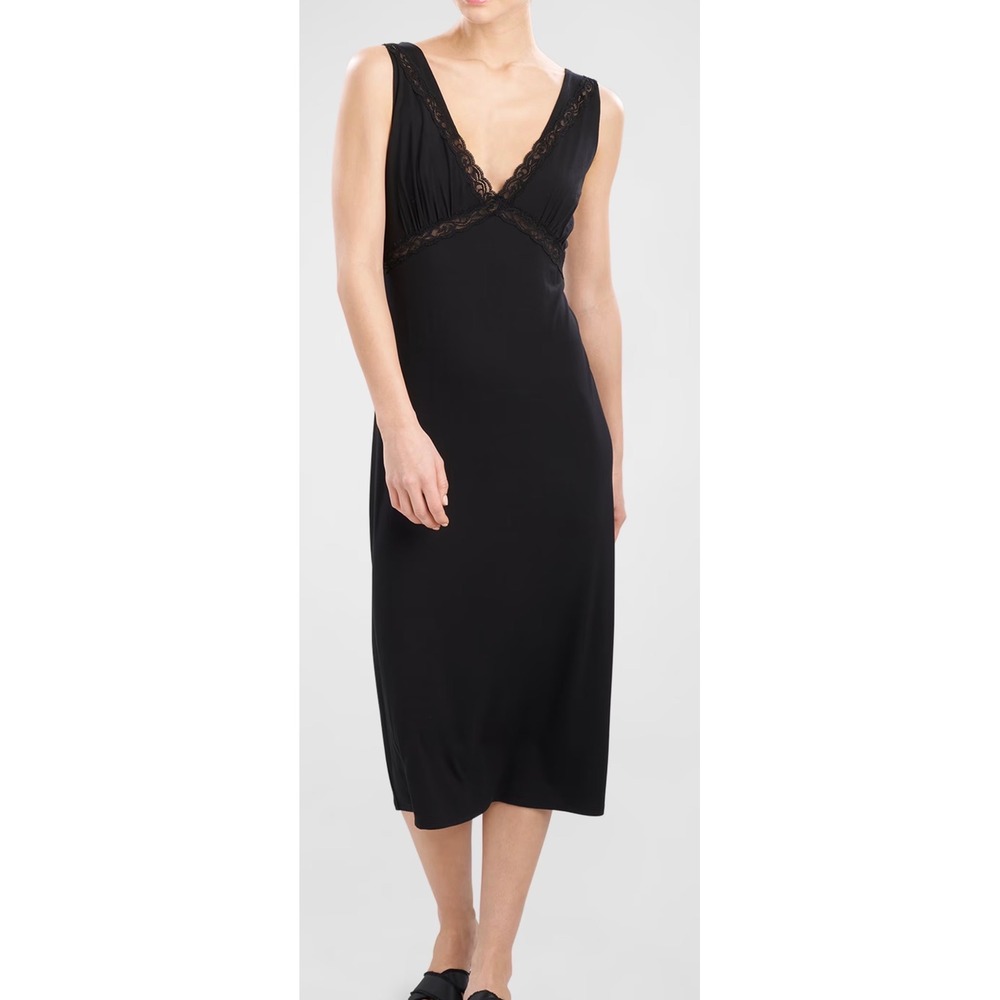 Natori Feathers Black Lace Trim Midi Chemise Nightgown XL NEW